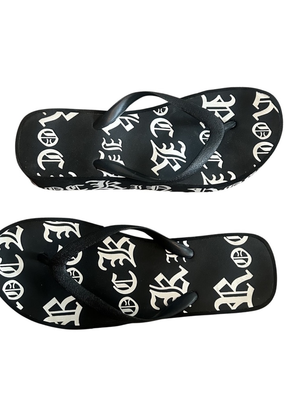 Black Flip Flops with White Gothic Logo Print